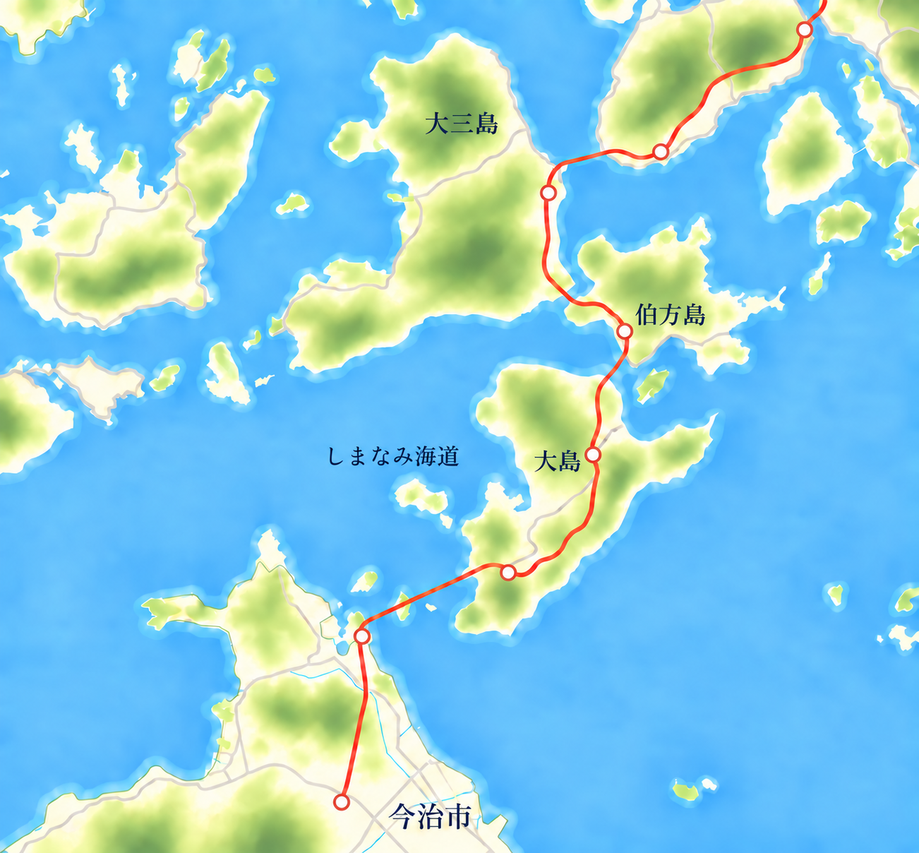 今治市から大島、伯方島、大三島へ続く、しまなみ海道のイラスト地図